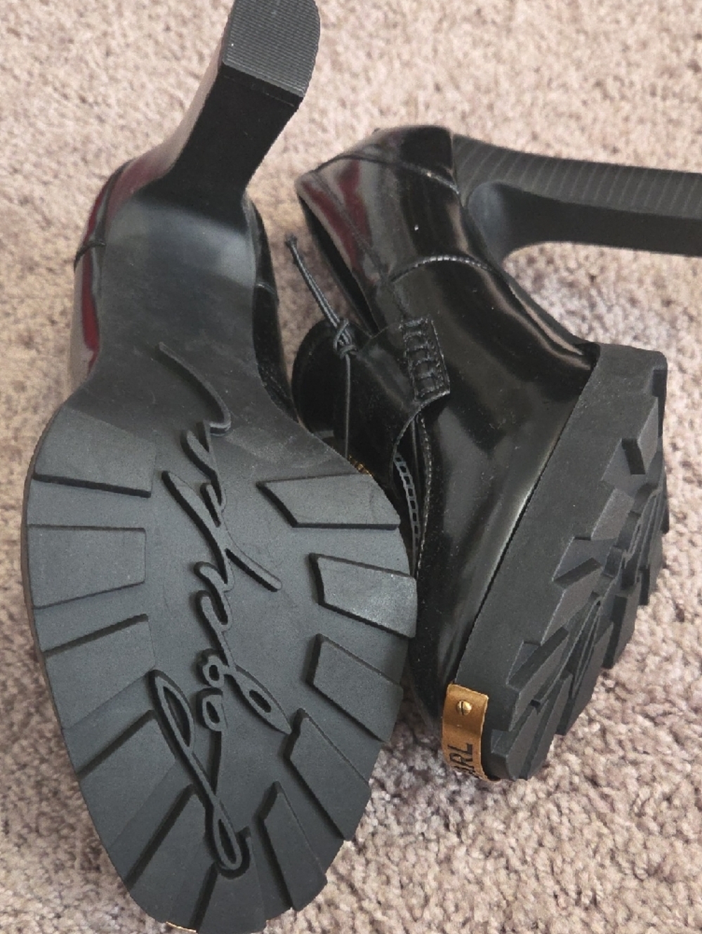 Karl Lagerfeld Black Patent Loafers with Gold Accents - Picture 4 of 10